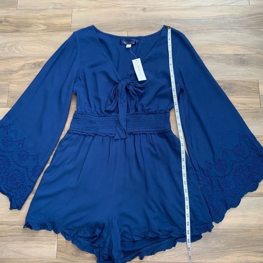 Francesca's Blue Rain Navy Embroidered Long sleeve Tie Knit Romper - Picture 7 of 7